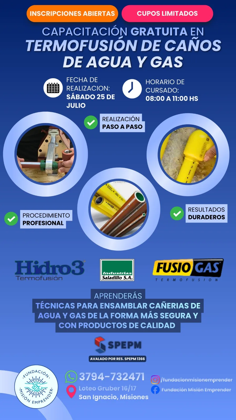 Flyer de la capacitación gratuita en Termofusión de caños de agua y gas — sábado 25 de julio, 08:00 a 11:00 hs