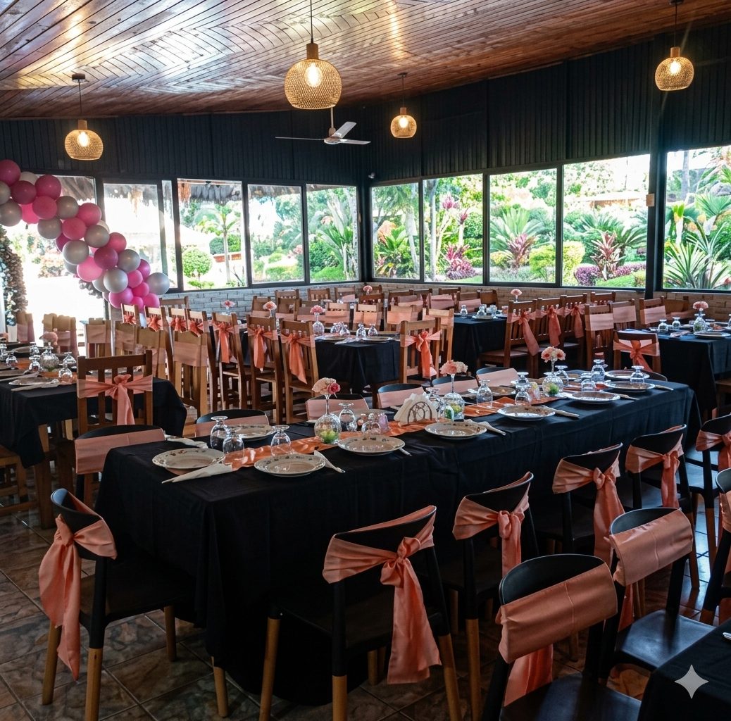 Salón de eventos Patricio's montado para una celebración — mesas vestidas, decoración y jardín